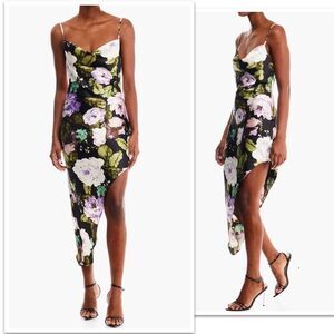 FOREVER 21 Black Multi Floral Print Cowl Asymmetrical Dress. Extra Large